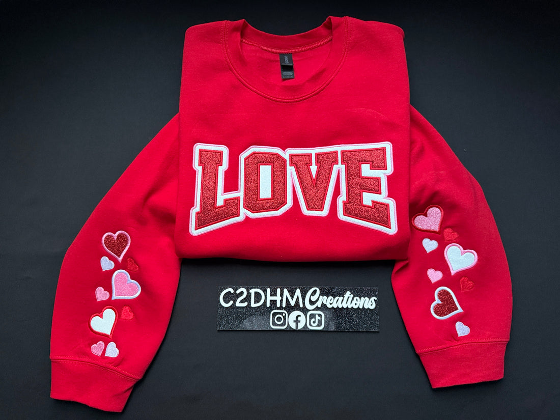 LOVE Sweatshirt with Heart Sleeve Details | Red Statement Sweatshirt | Cozy Graphic Pullover