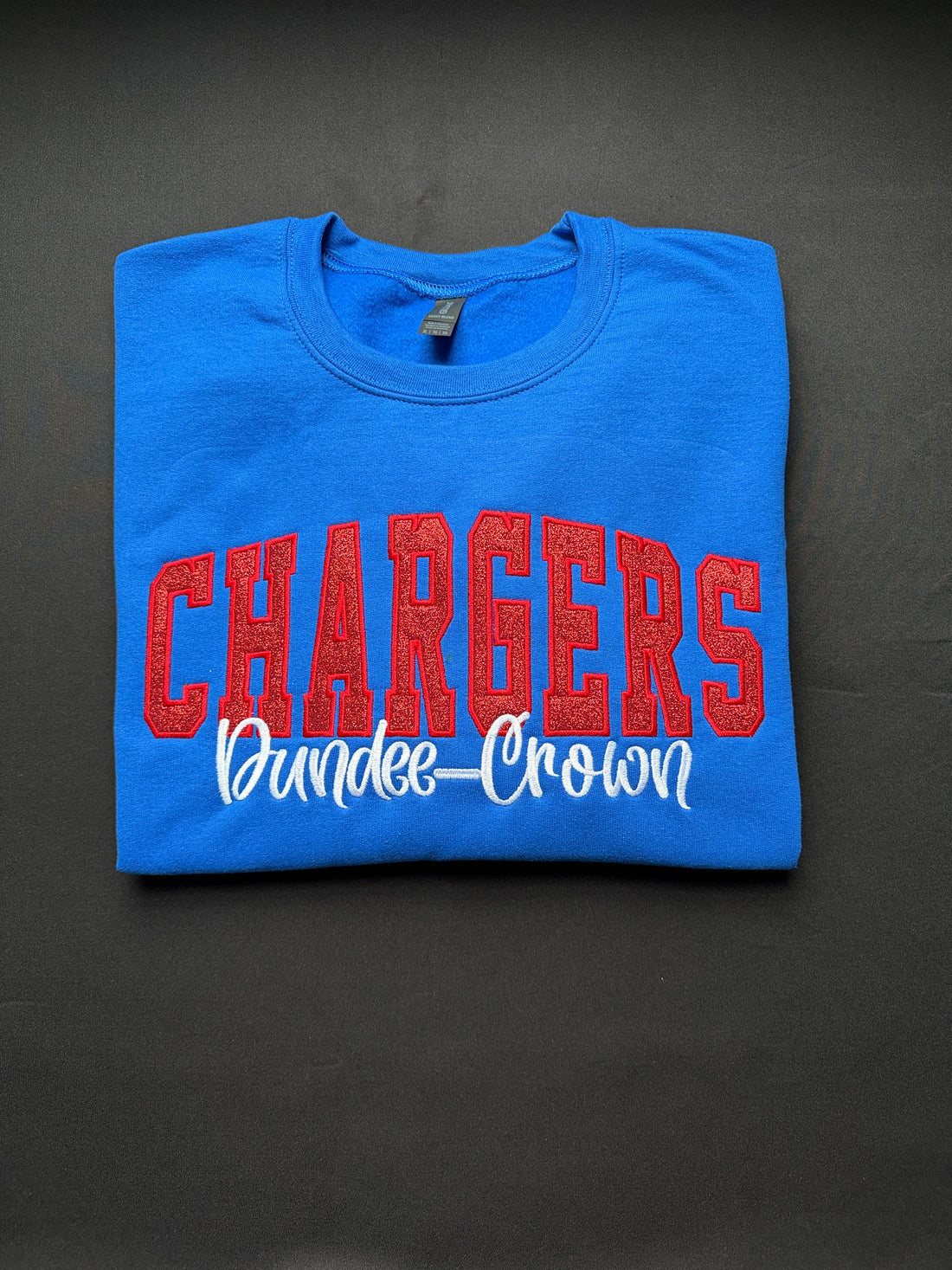 Custom Glitter Embroidered School Spirit Sweatshirt – Chargers “Dundee Crown”