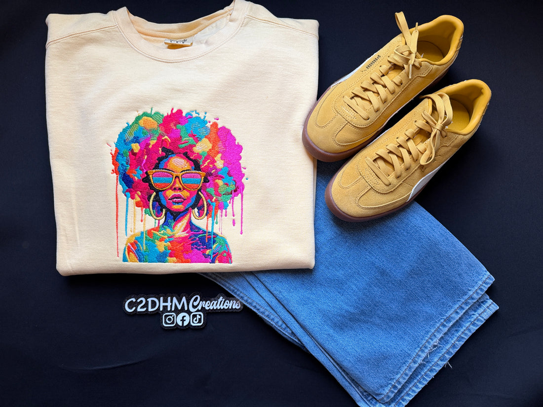 Color Pop Afro Art Embroidered Sweatshirt – Bold Graphic Crewneck for Women